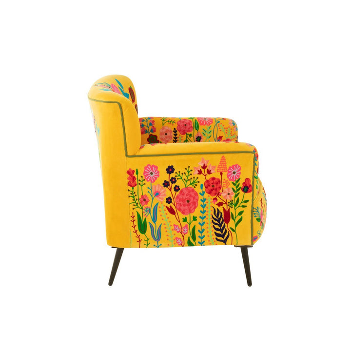 J-Line Armchair Flowers Embroidery Velvet Yellow