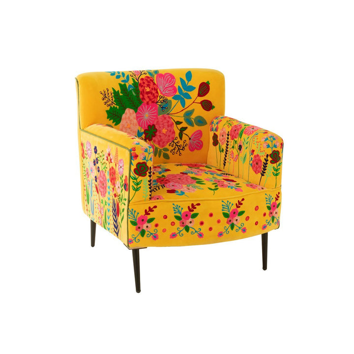 J-Line Armchair Flowers Embroidery Velvet Yellow