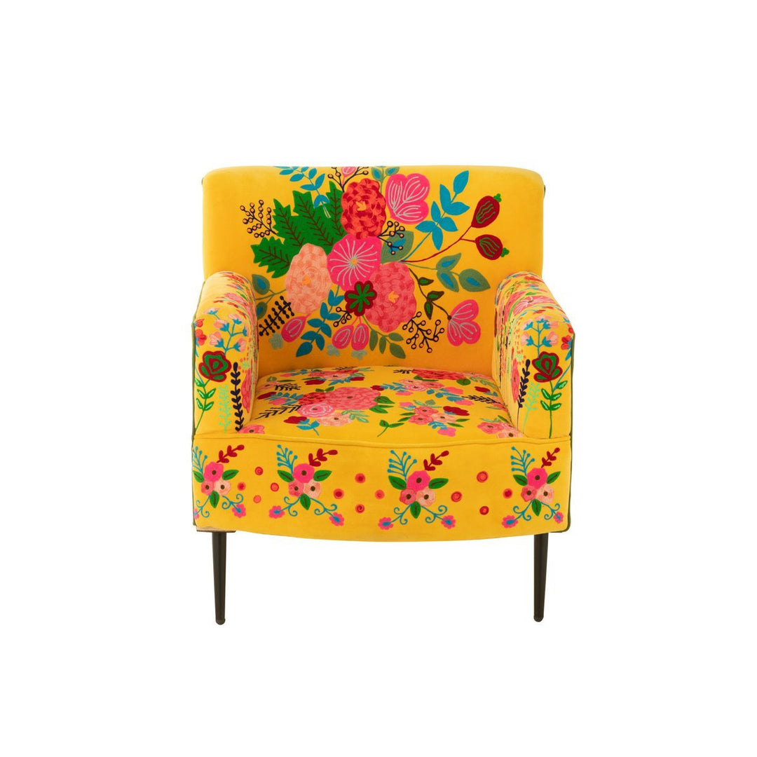 J-Line Armchair Flowers Embroidery Velvet Yellow