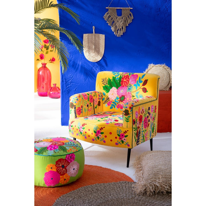 J-Line Armchair Flowers Embroidery Velvet Yellow