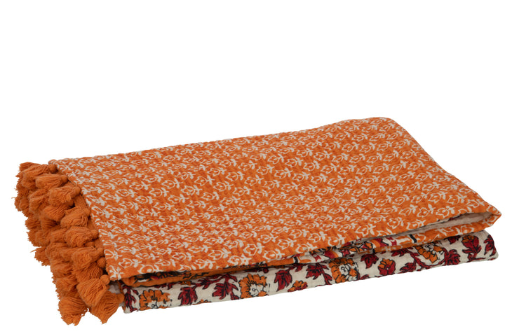 J-Line Plaid Strand Mat Bloemen Katoen Oranje