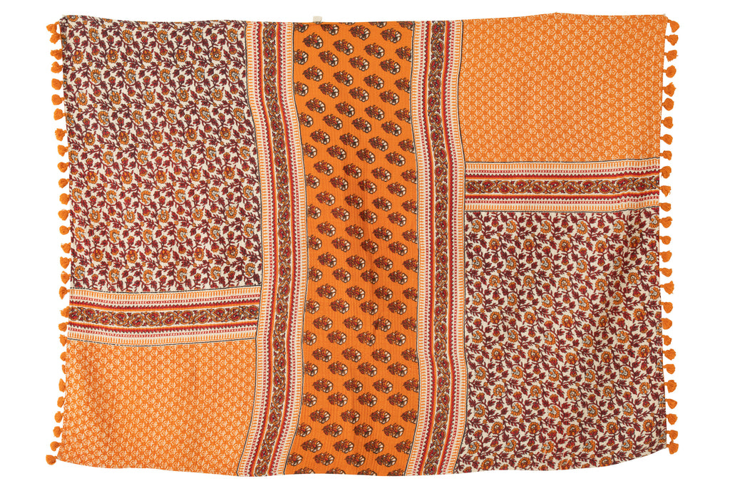 J-Line Plaid Strand Mat Bloemen Katoen Oranje