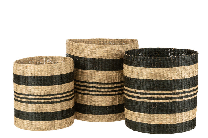 J-Line Set of 3 baskets Striped Seagrass Black