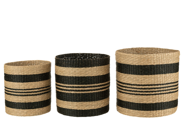 J-Line Set of 3 baskets Striped Seagrass Black