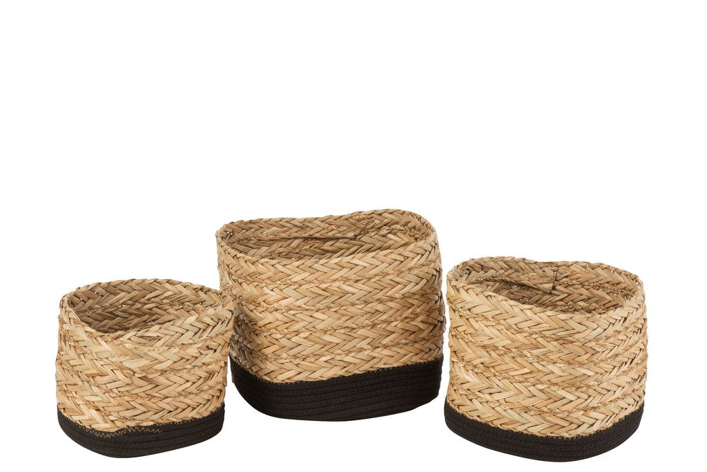 J-Line Set of 3 Baskets Square Grass/Cotton Natural/Black