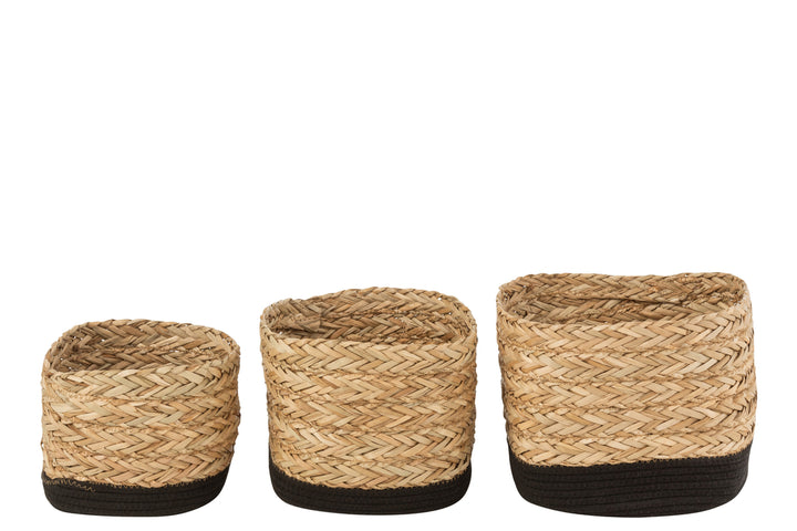 J-Line Set of 3 Baskets Square Grass/Cotton Natural/Black